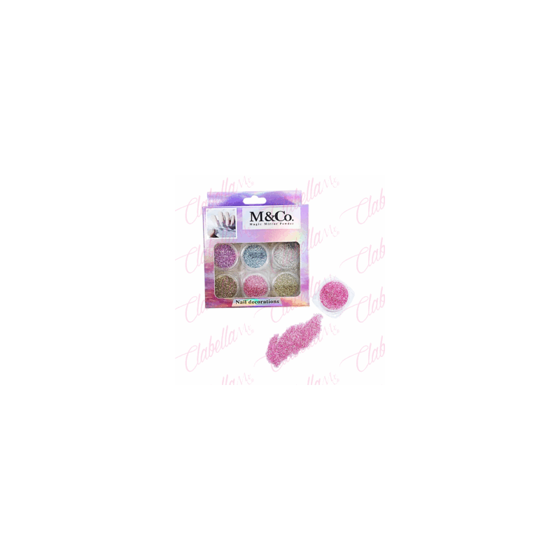Decoración  GLITTER Y AZUCAR para uñas 6 piezas de 1/8oz por estuche, (Con estuche)  (pb)