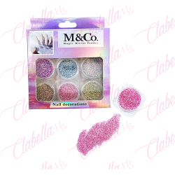 Decoración  GLITTER Y AZUCAR para uñas 6 piezas de 1/8oz por estuche, (Con estuche)  (pb)