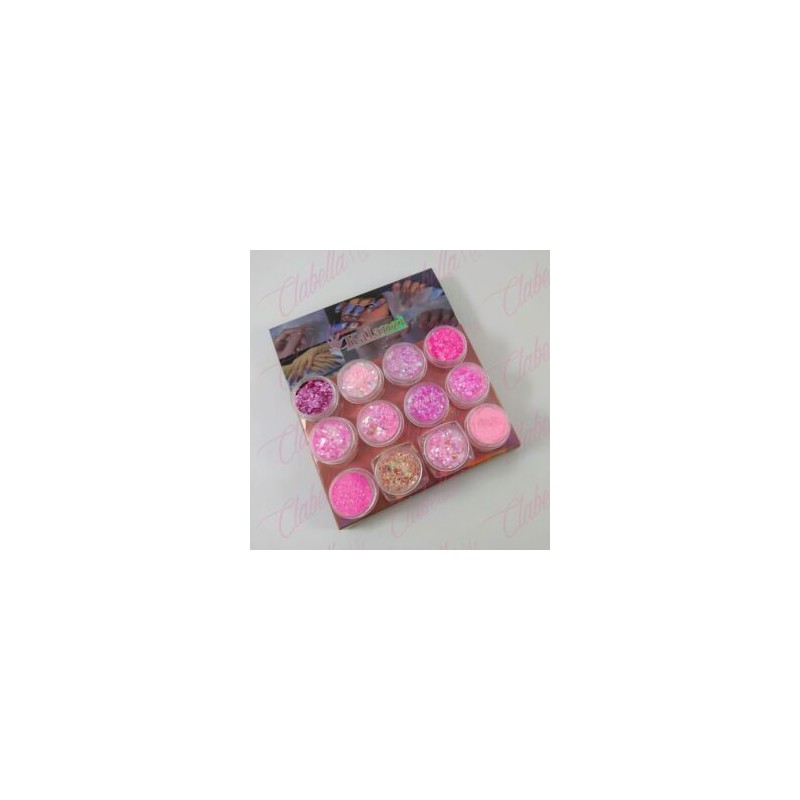 Decoración  GLITTER,AZUCAR Y FIGURA GEOMETRICA para uñas  12 piezas de 1/8 por paquete, (Sin estuche) surtido KLZ-YY169(Oferta)