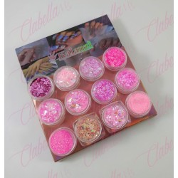 Decoración  GLITTER,AZUCAR Y FIGURA GEOMETRICA para uñas  12 piezas de 1/8 por paquete, (Sin estuche) surtido KLZ-YY169(Oferta)