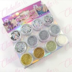 Decoración  GLITTER,AZUCAR Y FIGURA GEOMETRICA para uñas 12 piezas de 1/8 por paquete, (Sin estuche) (sin cromo)