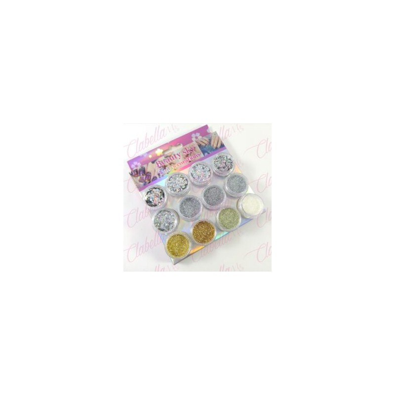 Decoración  GLITTER,AZUCAR Y FIGURA GEOMETRICA para uñas 12 piezas de 1/8 por paquete, (Sin estuche) (sin cromo)