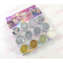 Decoración  GLITTER,AZUCAR Y FIGURA GEOMETRICA para uñas 12 piezas de 1/8 por paquete, (Sin estuche) (sin cromo)