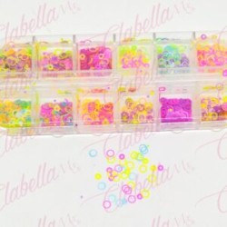Decoración AROS COLORES NEON para uñas en pastillero – estuche de 13x5cm con 12 divisiones y tapa individual, surtido  (PB)
