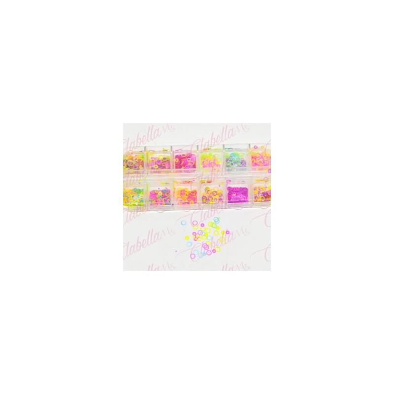 Decoración AROS COLORES NEON para uñas en pastillero – estuche de 13x5cm con 12 divisiones y tapa individual, surtido  (PB)