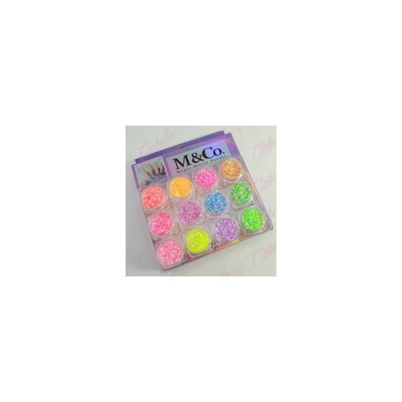 Decoración AZUCAR CON GLITTER NEON para uñas 12 piezas de 1/8 por estuche, surtido (Con estuche) (PB)(Oferta)