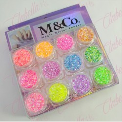 Decoración AZUCAR CON GLITTER NEON para uñas 12 piezas de 1/8 por estuche, surtido (Con estuche) (PB)(Oferta)