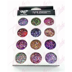 Decoración AZUCAR CON GLITTER normal para uñas 12 piezas de 1/8 por paquete, (Sin estuche) surtido KT(168)-, 213-0629, 213-0668 