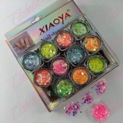 Decoración AZUCAR NEON CON FLAKE Y FIGURAS MIXTAS para uñas 12 piezas de 1/8 por estuche, (Con estuche) surtido (PB)