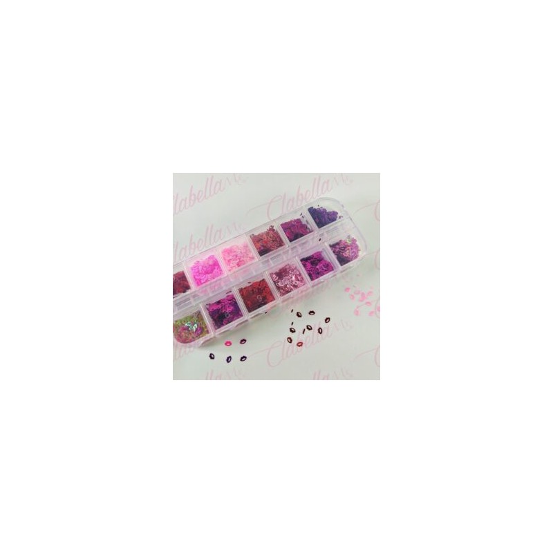 Decoración BESOS COLORES METALICOS para uñas en pastillero – estuche de 13x5cm con 12 divisiones y tapa individual, surtido (OFE