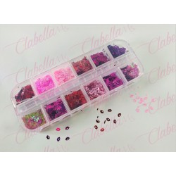 Decoración BESOS COLORES METALICOS para uñas en pastillero – estuche de 13x5cm con 12 divisiones y tapa individual, surtido (OFE