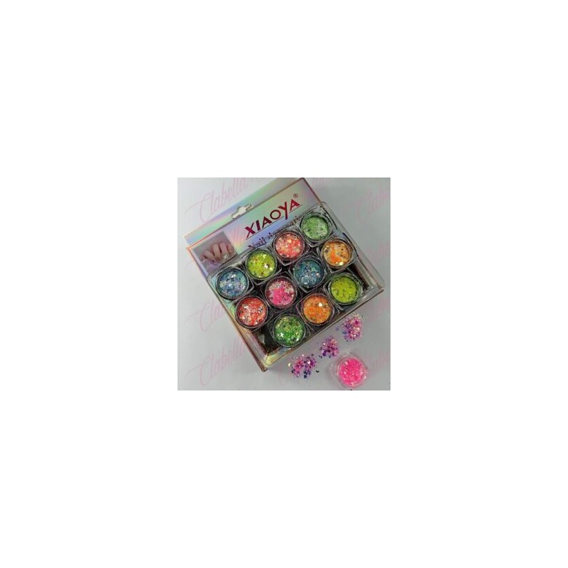 Decoración AZUCAR NEON CON FLAKE Y FIGURAS MIXTAS para uñas 12 piezas de 1/8 por estuche, (Con estuche) surtido (PB)