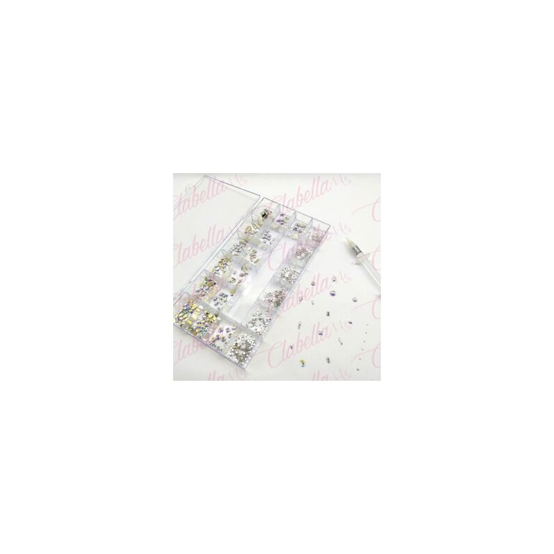 Decoración con cristales en diferentes tamaños AB-TORNASOL y katana para uñas, en estuche rígido aprox de 12.5x 24.5cm con 20 di