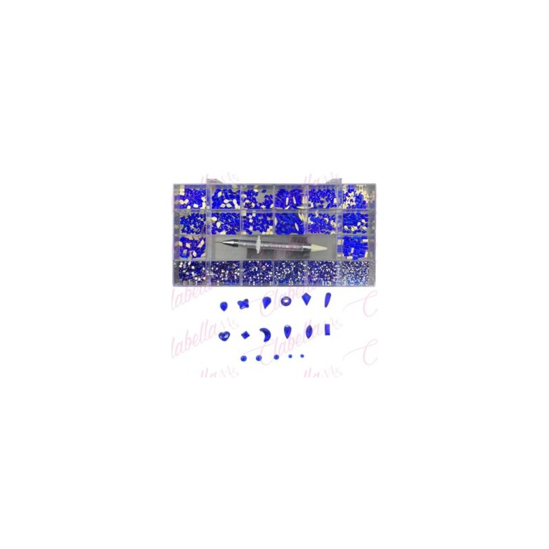 Decoración con cristales en diferentes tamaños AZUL y katana para uñas, en estuche rígido aprox de 12.5x 24.5cm con 20 divisione