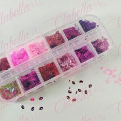 Decoración BESOS COLORES METALICOS para uñas en pastillero – estuche de 13x5cm con 12 divisiones y tapa individual, surtido (OFE