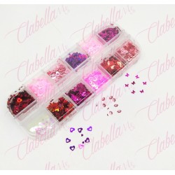 Decoración BESOS Y MARIPOSAS  puede llegar a traer corazones San Valentín para uñas  en pastillero – estuche de 13x5cm con 12 di