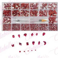 Decoración con cristales en diferentes tamaños ROJO-VINO y katana para uñas, en estuche rígido aprox de 12.5x 24.5cm con 20 divi