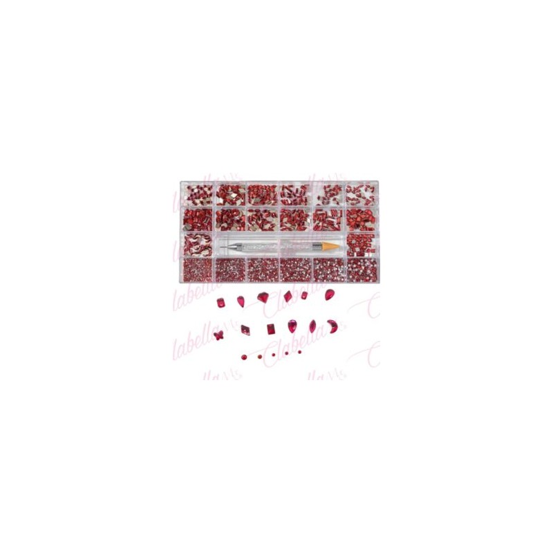 Decoración con cristales en diferentes tamaños ROJO-VINO y katana para uñas, en estuche rígido aprox de 12.5x 24.5cm con 20 divi