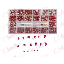 Decoración con cristales en diferentes tamaños ROJO-VINO y katana para uñas, en estuche rígido aprox de 12.5x 24.5cm con 20 divi