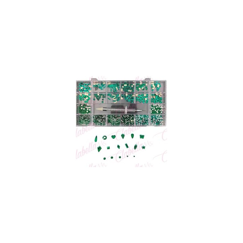 Decoración con cristales en diferentes tamaños VERDE y katana para uñas, en estuche rígido aprox de 12.5x 24.5cm con 20 division