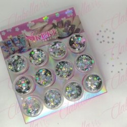 Decoración CONFETI DIFERENTES TAMAÑOS y ESTRELLAS TORNASOL NO MEZCLADAS para uñas 12 piezas de 1/8  por paquete,  (Sin estuche) 