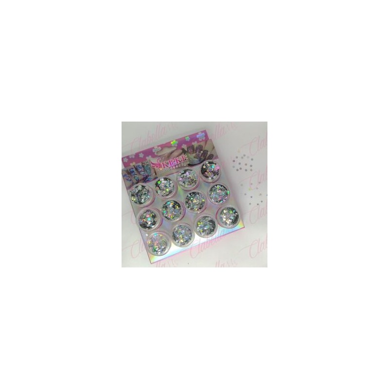 Decoración CONFETI DIFERENTES TAMAÑOS y ESTRELLAS TORNASOL NO MEZCLADAS para uñas 12 piezas de 1/8  por paquete,  (Sin estuche) 