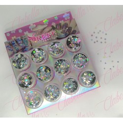 Decoración CONFETI DIFERENTES TAMAÑOS y ESTRELLAS TORNASOL NO MEZCLADAS para uñas 12 piezas de 1/8  por paquete,  (Sin estuche) 