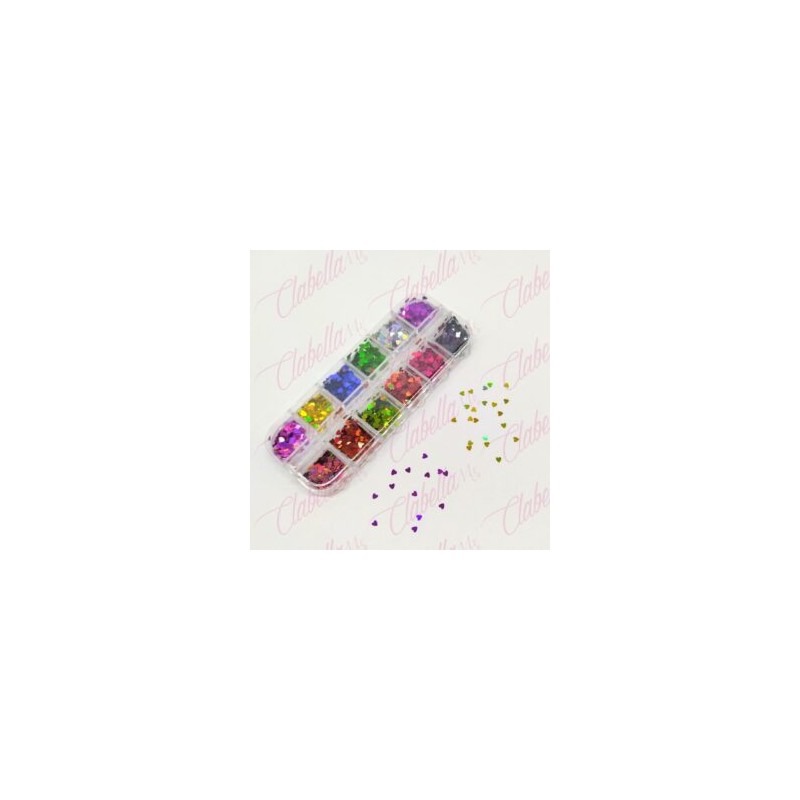 Decoración CORAZONES METALICAS para uñas en pastillero – estuche de 13x5cm con 12 divisiones y tapa individual  MGK-E722, surtid