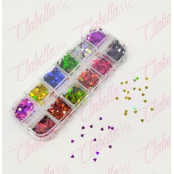 Decoración CORAZONES METALICAS para uñas en pastillero – estuche de 13x5cm con 12 divisiones y tapa individual  MGK-E722, surtid