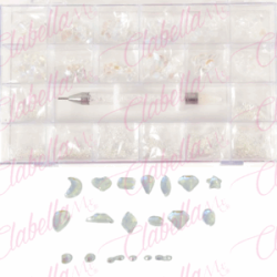 Decoración con cristales en diferentes tamaños AURORA-TORNASOL y katana para uñas, en estuche rígido aprox de 12.5x 24.5cm con 2