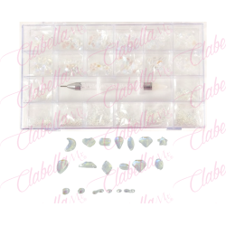 Decoración con cristales en diferentes tamaños AURORA-TORNASOL y katana para uñas, en estuche rígido aprox de 12.5x 24.5cm con 2