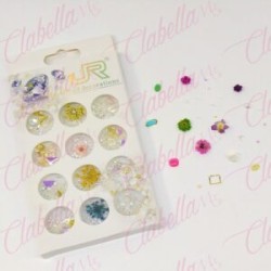 Decoración CRISTAL CON FIGURAS Y NATURALEZA MUERTA para uñas aprox 360 piezas en estuche de 7×12.5cm con 12 divisiones. 11A-60 (