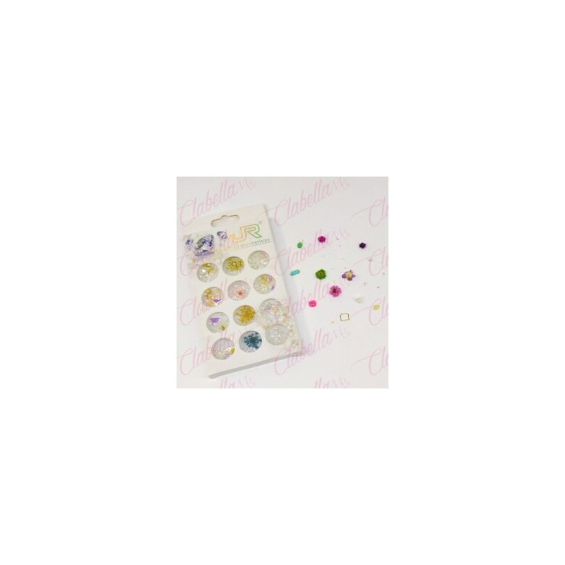 Decoración CRISTAL CON FIGURAS Y NATURALEZA MUERTA para uñas aprox 360 piezas en estuche de 7×12.5cm con 12 divisiones. 11A-60 (