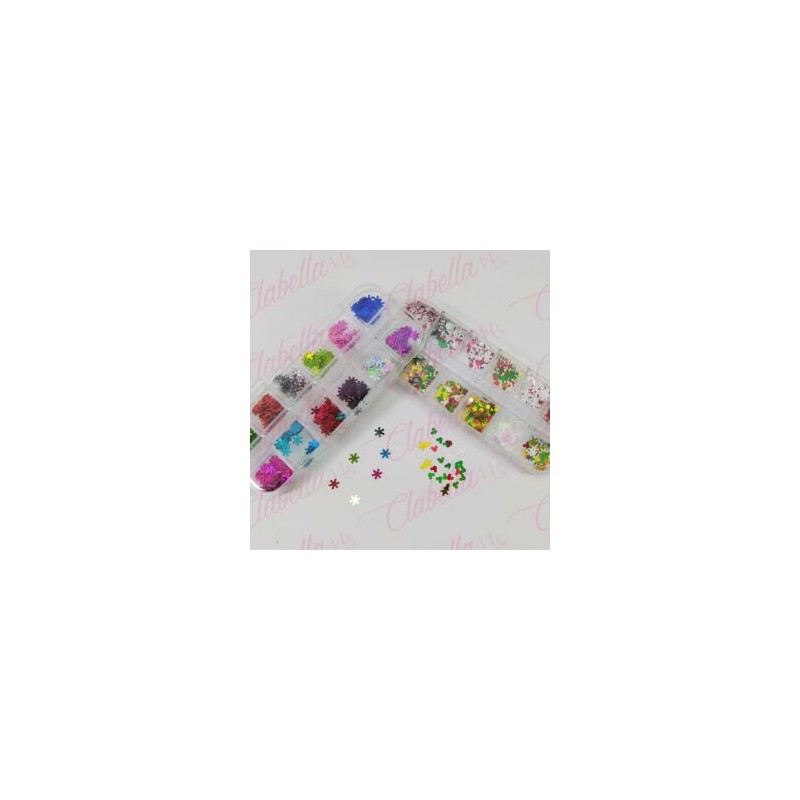 Decoración COPOS DE NIEVE Y FIGURAS SURTIDAS para uñas en pastillero – estuche de 13x5cm con 12 divisiones y tapa individual, su