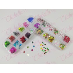 Decoración COPOS DE NIEVE Y FIGURAS SURTIDAS para uñas en pastillero – estuche de 13x5cm con 12 divisiones y tapa individual, su