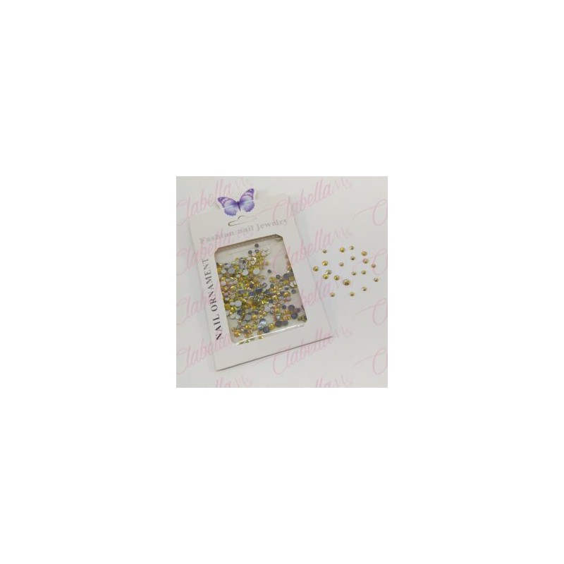 Decoración CRISTAL de plástico color AMARILLO CAMALEON en diferentes tamaños para uñas, aprox 600 piezas en sobre de 11.5x7cm,  