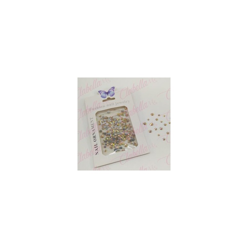 Decoración CRISTAL de plástico color CHAMPAGNE CAMALEON en diferentes tamaños para uñas, aprox 600 piezas en sobre de 11.5x7cm, 