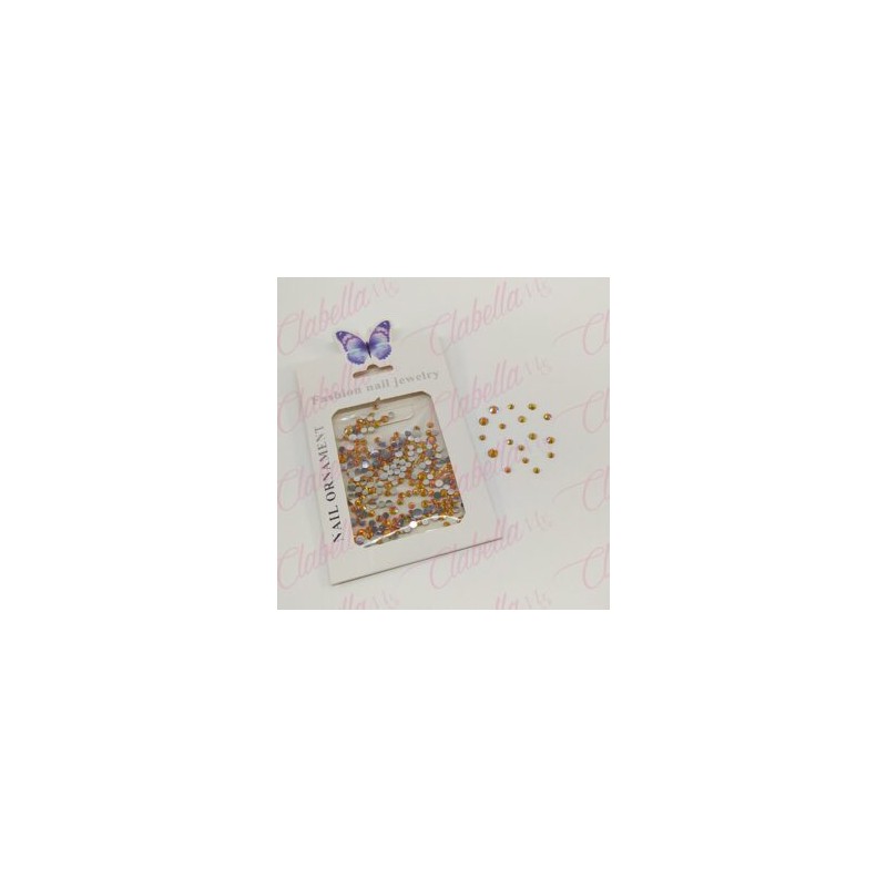 Decoración CRISTAL de plástico color NARANJA CAMALEON en diferentes tamaños para uñas, aprox 600 piezas en sobre de 11.5x7cm, Q2