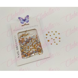 Decoración CRISTAL de plástico color NARANJA CAMALEON en diferentes tamaños para uñas, aprox 600 piezas en sobre de 11.5x7cm, Q2