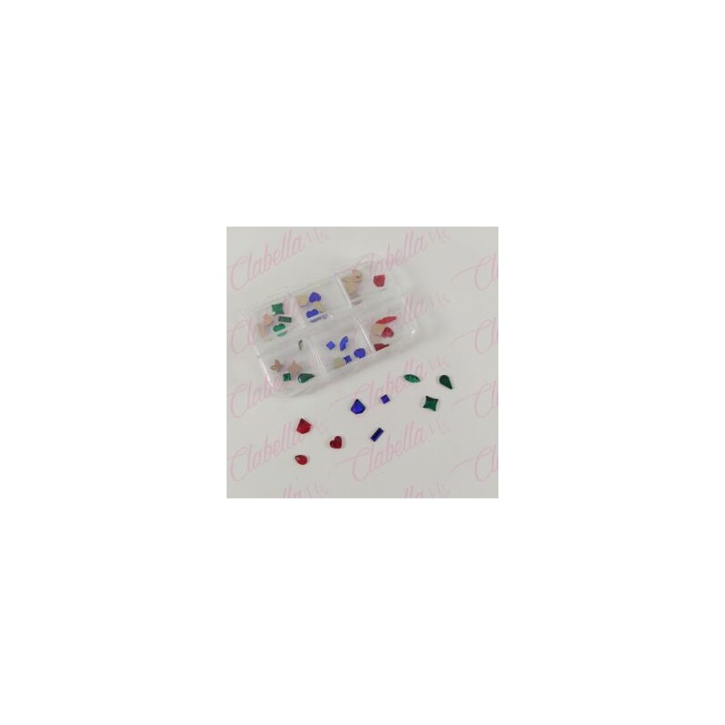 Decoración cristal diferentes figuras para uñas aprox  25 piezas en pastillero – estuche de 7.5x5cm con 6 divisiones y tapa indi