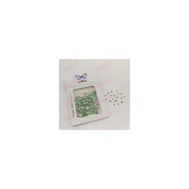 Decoración CRISTAL de plástico color VERDE CAMALEON en diferentes tamaños para uñas, aprox 600 piezas en sobre de 11.5x7cm, Q22-