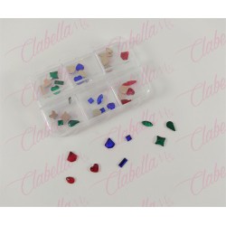 Decoración cristal diferentes figuras para uñas aprox  25 piezas en pastillero – estuche de 7.5x5cm con 6 divisiones y tapa indi
