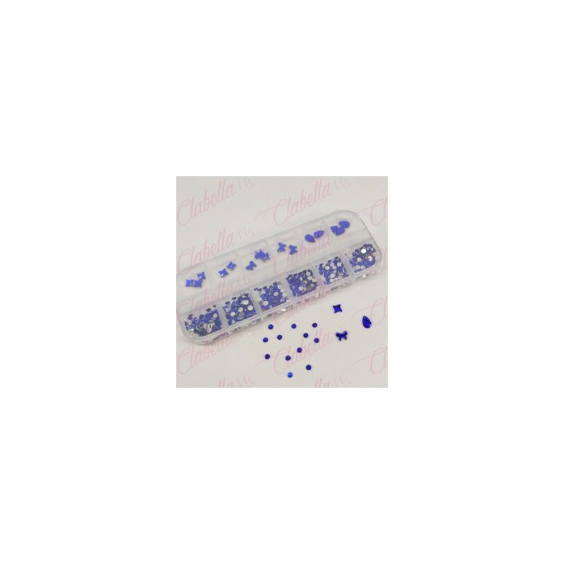 Decoración CRISTALES AZUL CON FIGURAS para uñas, aprox 400 piezas en pastillero  – estuche de plástico de 13x5cm con 12 division