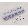 Decoración CRISTALES AZUL CON FIGURAS para uñas, aprox 400 piezas en pastillero  – estuche de plástico de 13x5cm con 12 division