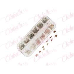 Decoración CRISTALES CHAMPAGNE CON FIGURAS  para uñas, aprox 400 piezas en estuche de plástico de 13x5cm con 12 divisiones y tap