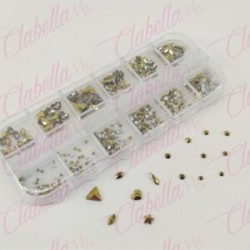 Decoración CRISTALES DORADO METALIZADO CON FIGURAS para uñas, aprox 400 piezas en pastillero – estuche de plástico de 13x5cm con