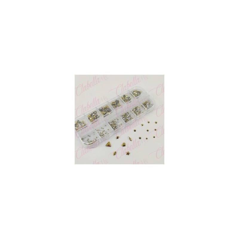 Decoración CRISTALES DORADO METALIZADO CON FIGURAS para uñas, aprox 400 piezas en pastillero – estuche de plástico de 13x5cm con