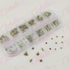 Decoración CRISTALES DORADO METALIZADO CON FIGURAS para uñas, aprox 400 piezas en pastillero – estuche de plástico de 13x5cm con