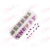 Decoración CRISTALES FIUSHA CON FIGURAS  para uñas, aprox 400 piezas en estuche de plástico de 13x5cm con 12 divisiones y tapa i