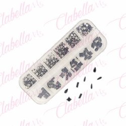 Decoración CRISTALES HUMO CON FIGURAS  para uñas, aprox 400 piezas en estuche de plástico de 13x5cm con 12 divisiones y tapa ind